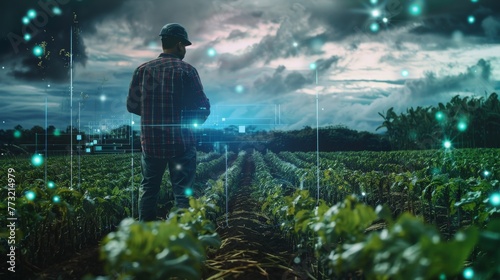 An agricultural expert monitoring crop health with holographic satellite imagery, analyzing data to advise farmers