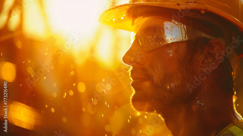 Profile of a sweaty construction worker with sunset backlight creating a warm glow.