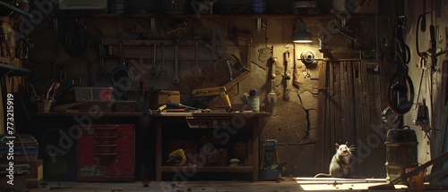 Nighttime in a garage, a mouse outsmarts the cat among old tools and shadows, creating a suspenseful mood