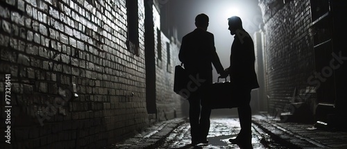 Shadowy figures exchanging briefcases in a dimly lit alley, symbolizing backdoor deals and political corruption