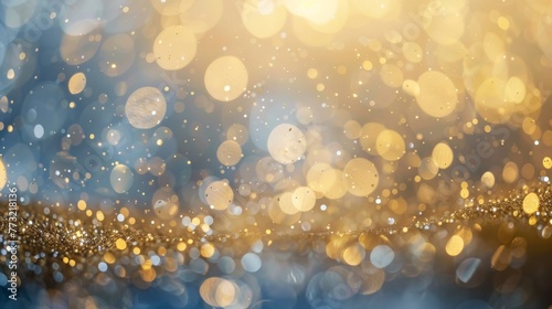 Glittering celebration background bokeh with glowing golden particles and sprinkles. New Year, anniversary, jubilee.