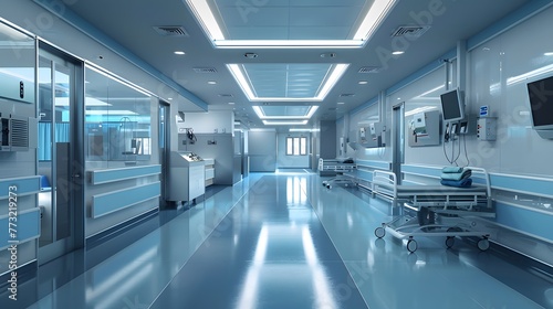 An empty hospital corridor with long, fluorescent lights overhead