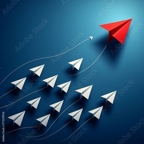 a red paper plane leading a group of white paper planes against a blue background. The red plane is flying in an upward trajectory, symbolizing leadership, innovation, and standing out from the crowd