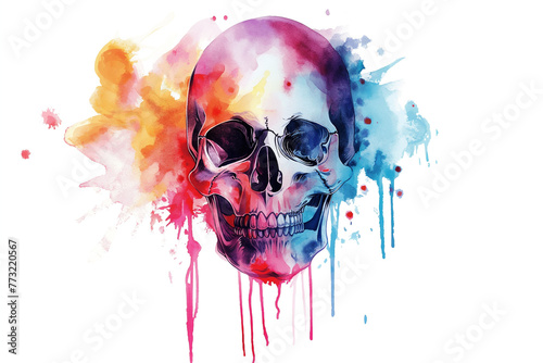 Watercolor colorful graffiti skull illustration isolated on white background. Soft pastel detailed human