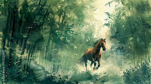 Horse running in the bamboo forest. Horse running in the forest. Water color illustration, an illustration that represents a powerful and auspicious horse 