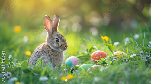Gazouillis de Pâques - Charmants bébés lapins avec des œufs colorés et ludiques en peinture parsemés sur une prairie verte animée et un fond de printemps radieux