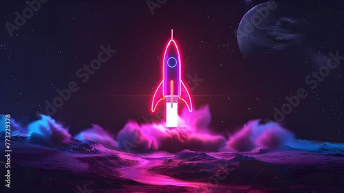 Rocket taking off with fire and smoke over neon glowing light. Spaceship launch on black background.
