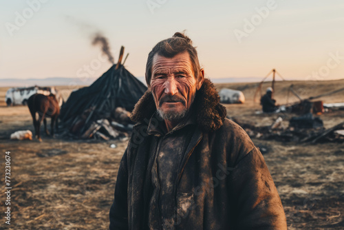 An unidentified Nenets nomad standing by a traditional srangana tent