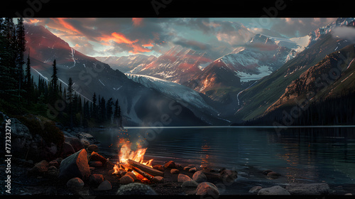 Feu de camp au crépuscule à couper le souffle : paysage majestueux de lac de montagne avec des sommets enneigés, un ciel multicolore et un feu de camp serein