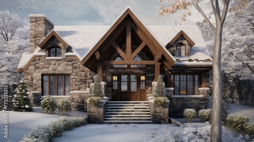 Home exterior with wood wnd stone wall under snowy roof with huge sharp icicles. Front door, transom window, and snoed in hill can also be seen in this winter scenery
