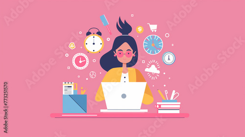 Mulher trabalhando com prazos de entrega e contra o tempo - Ilustração no fundo rosa