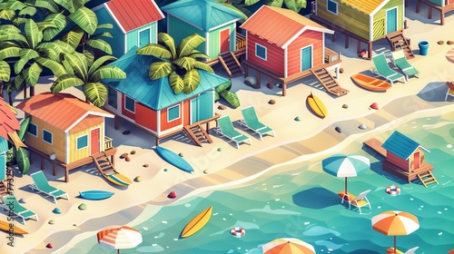 Beach Cabanas and Bungalows Design a pattern featuring colorful beach cabanas and bungalows nestled along the shore Add details like lounge chairs, umbrellas