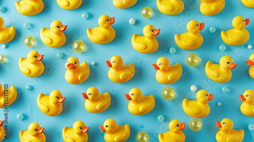 Rubber Duckies Galore Design a pattern featuring rows of yellow rubber duckies floating in a bathtub or pool Add bubbles, bath toys, and shower heads for a whimsical 