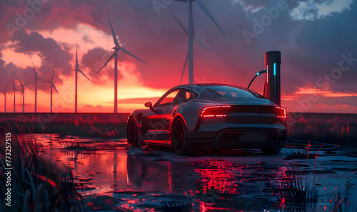 Photorealistic scene of an electric car charging at sunset, with wind turbines in the background. High-resolution