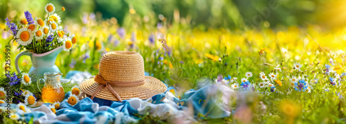 A straw hat on a blanket next to a pitcher of lemonade. Summer picnic in a field of flowers