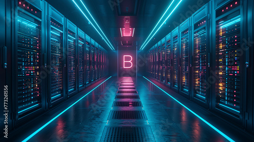 A sleek Litecoin symbol shining over a background of high-tech server racks and data processing units, illustrating the speed and connectivity of digital currency