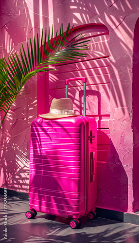 Elegant Pink Suitcase and Hat on Pink Background. Travel, fashion, and leisure concept
