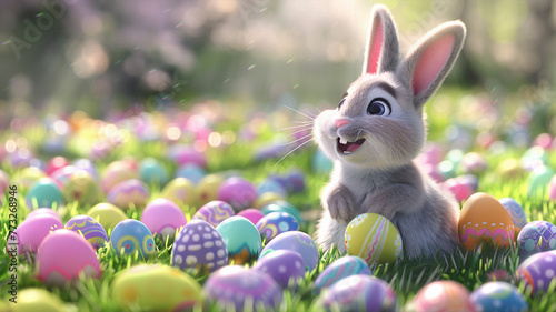 Cartoon 3D cute bunny with Easter eggs. Beautiful simple AI generated image in 4K, unique.