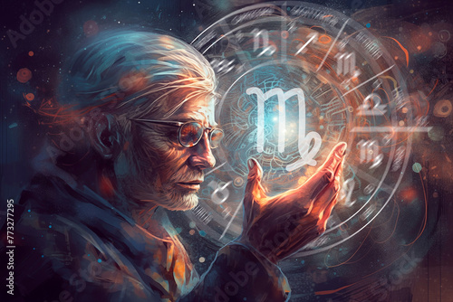 old magician holds the zodiac sign Virgo on the background of outer space