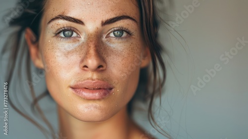 A portrait of a woman with dewy skin, radiating a fresh and youthful glow.