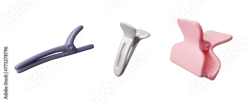 Hairpin 3D style icon set, vector cartoon hair accessories, hair-clip barrette hairdresser equipment, render hairgrips