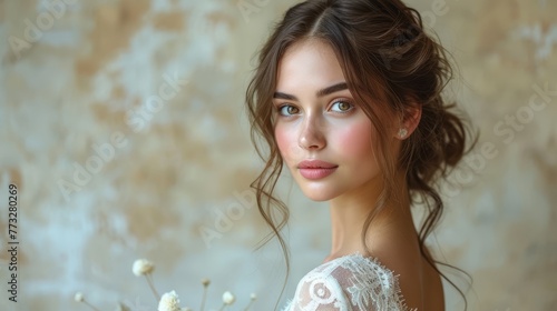  A woman in a white dress holds a bouquet of flowers before a textured wall