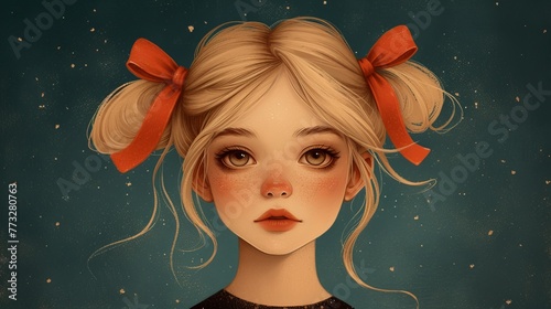  A painting of a girl in a black dress Her blonde locks are adorned with a red bow Stars speckle the background behind her