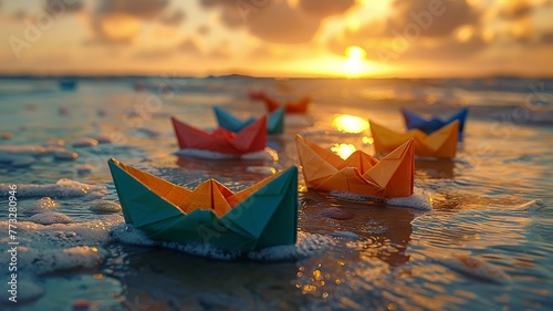 Colorful origami boats on a beach hinting at childhood adventures