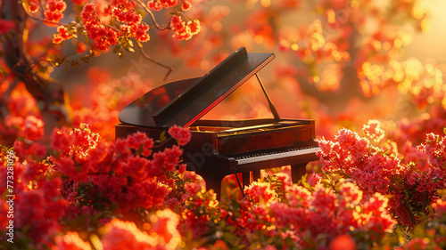Tiny grand piano surrounded by vivid blossoms sets a romantic melodic scene