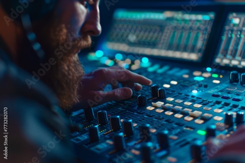 A man wearing headphones is adjusting audio levels on a screen in a recording studio