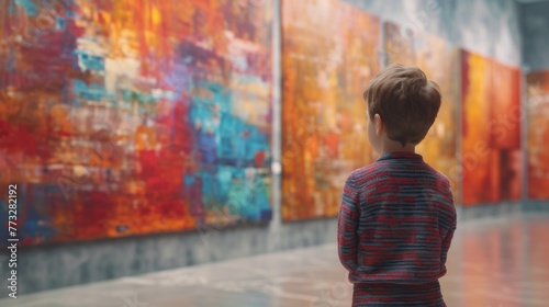 Child Engaging with Abstract Art, young child in a striped sweater is absorbed by vibrant abstract paintings in an art gallery, indicating early exposure to culture and creativity