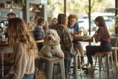 A dog sits obediently on a stool in a restaurant while patrons enjoy their meals