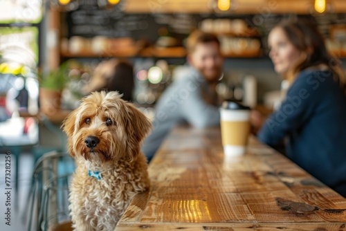 A dog sitting calmly on a table in a restaurant while people enjoy their meal