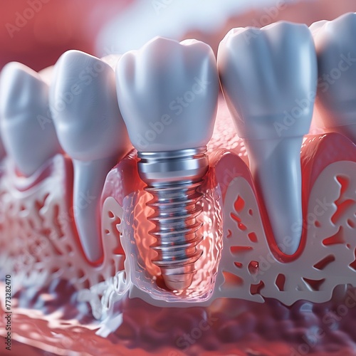 Dental implant in jawbone, 3D medical illustration, detailed prosthetic concept visual