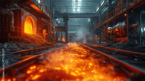 Fiery Metal Pour at Industrial Foundry, dynamic view inside an industrial foundry where molten metal cascades down with a radiant glow, capturing the intense heat and activity of metal processing