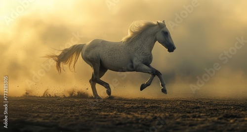  A white horse gallops through a field, kicking up dust Its rear legs are lifted high