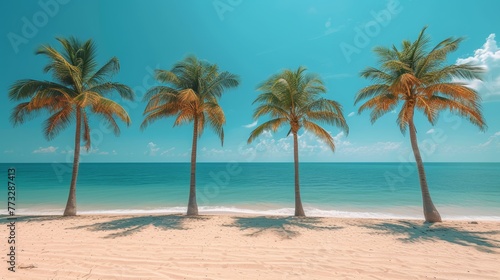  A line of palm trees atop a sandy beach, against a backdrop of a clear blue sky, and a body of water behind