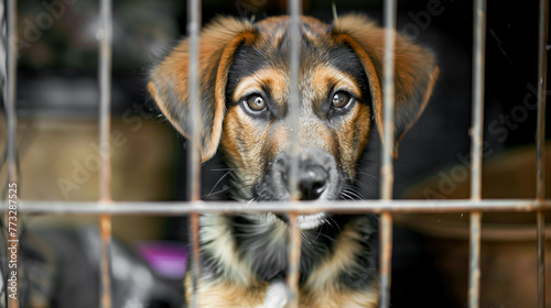 Sad dog sitting in a cage 