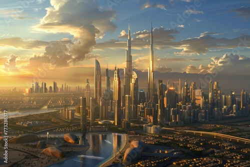 Visionary city harnessing gold investments for advanced infrastructure, a blend of luxury and sustainability