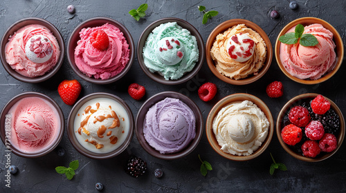 Ice Cream Assortment. Horizontal set of various ice creams scoope or gelato with nuts, berries, mint on textured background top view. Frozen yogurt in small paper cups - healthy summer dessert.