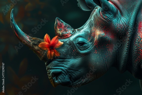  A tight shot of a rhino with a flower atop its nostrils amidst a backdrop of leafy greens and vibrant blooms
