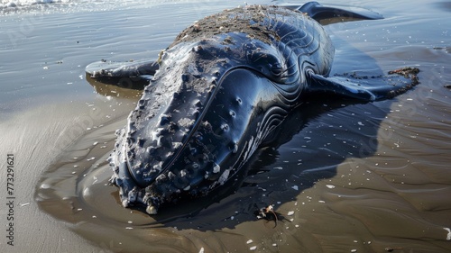 A whale stranded on the beach with a ruptured stomach and rubbish in its stomach died. world ocean day world environment day Virtual image.