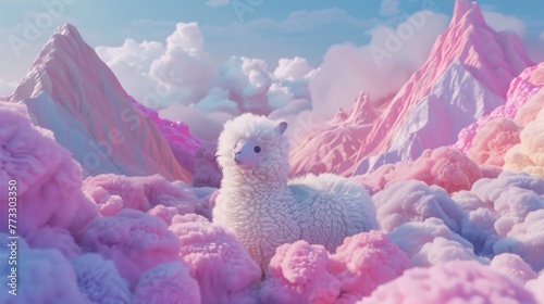 Alpaca Plush Toy in Pastel Clouds and Mountain Dreamscape 