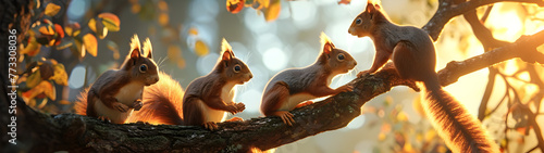 Squirrel family on the forest tree in the evening with sunset. Group of wild animals in nature. Horizontal, banner.