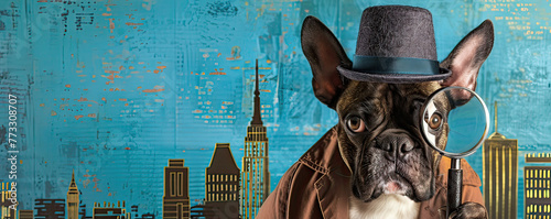 Detective dog with a magnifying glass, vintage city backdrop for mystery-themed invites