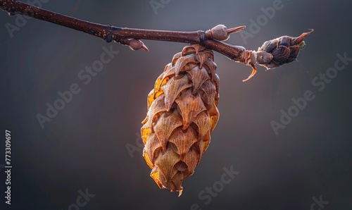 A close-up of a laburnum seed pod hanging from a branch