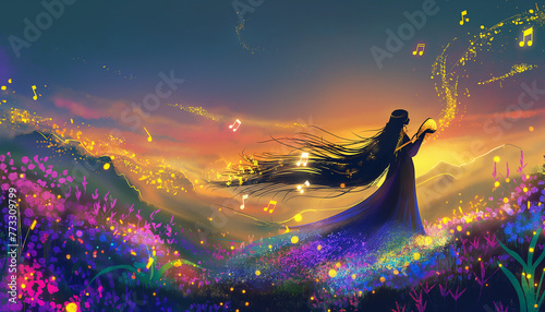 Enchanted Twilight Melody: A Magical Woman Amidst a Vibrant Fantasy Landscape