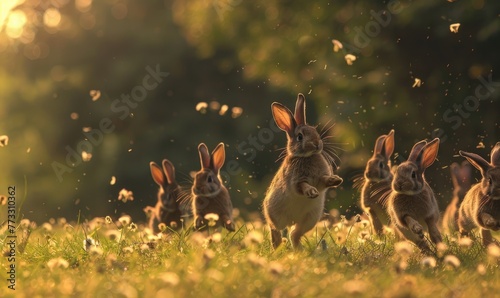 A group of bunnies hopping through a field