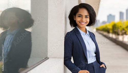 Smiling businesswoman with hands in pockets leaning on wall