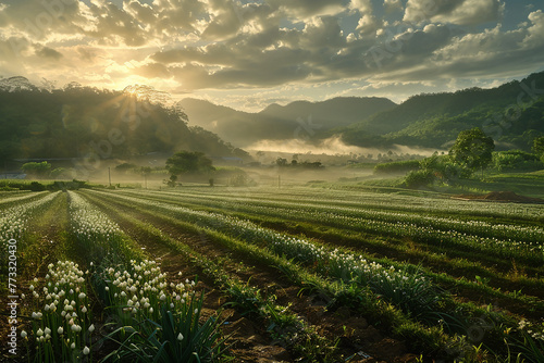 A serene countryside scene where morning mist caresses lush garlic fields, creating an enchanting ambiance of tranquility and abundance.